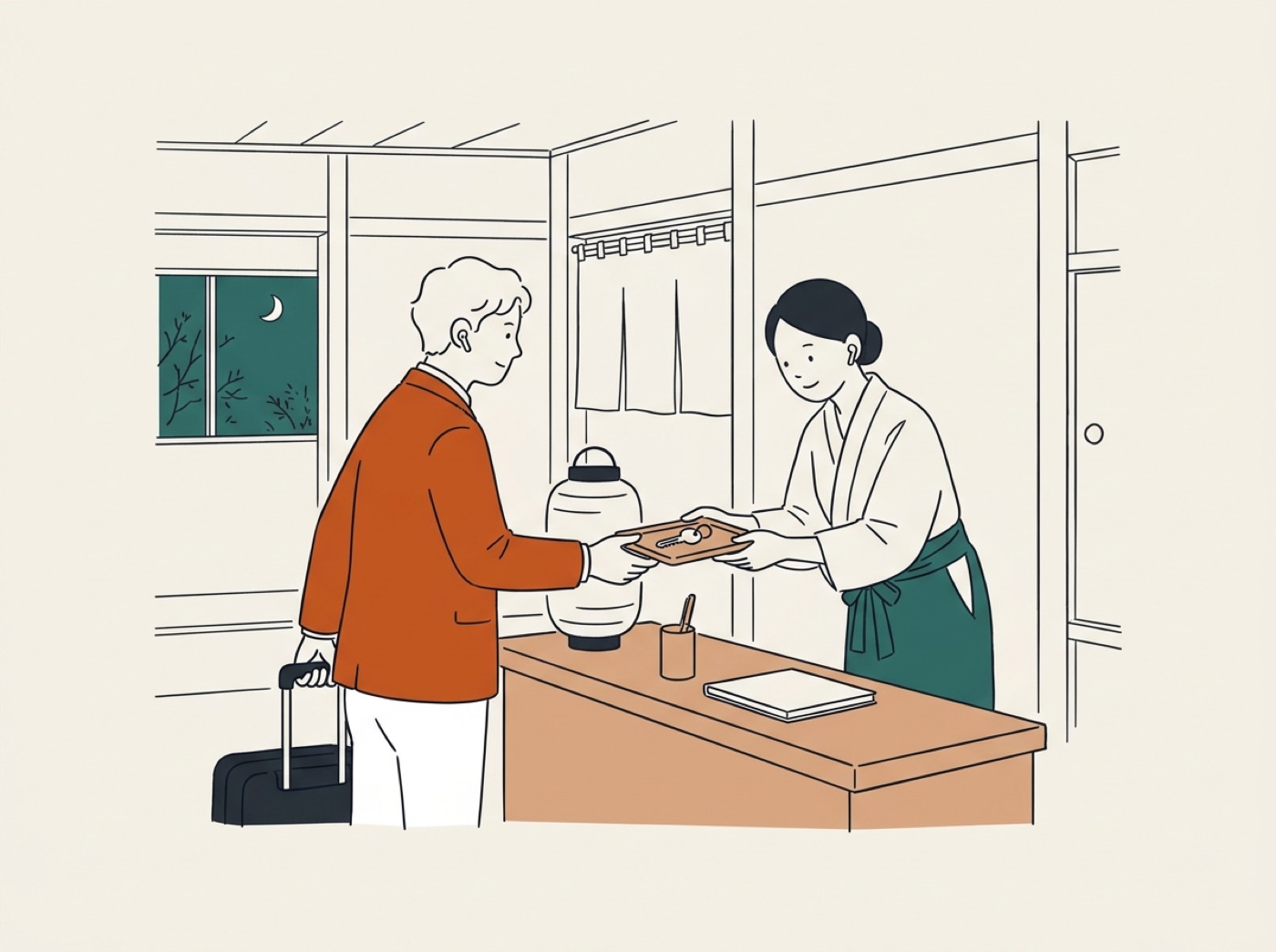 旅館の受付で、スタッフが鍵を渡し、客と片耳ずつイヤホンを着けて話している